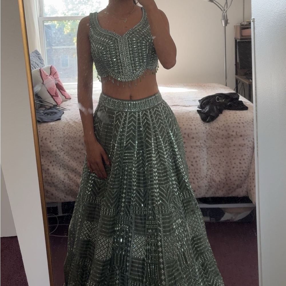 ON HOLD Green and Silver Heavy Lehenga - Picture 2 of 5